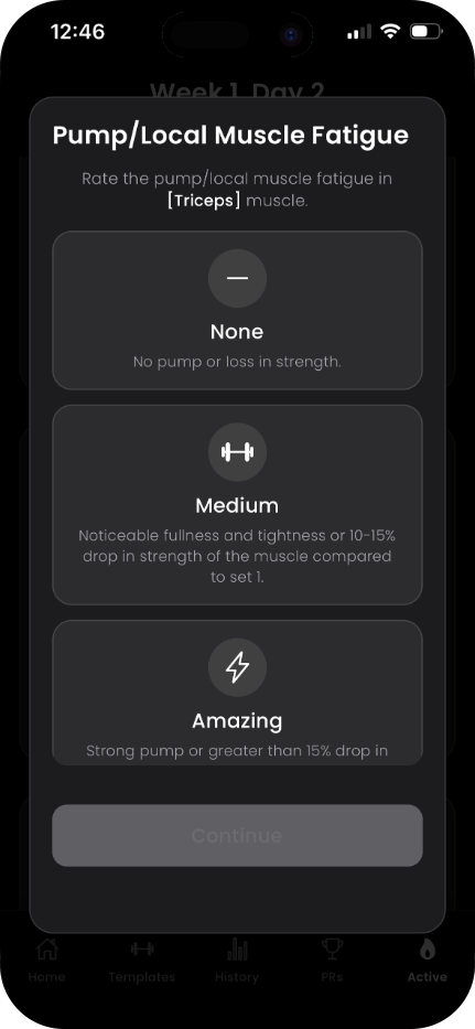Pump and local muscle fatigue check-in for triceps