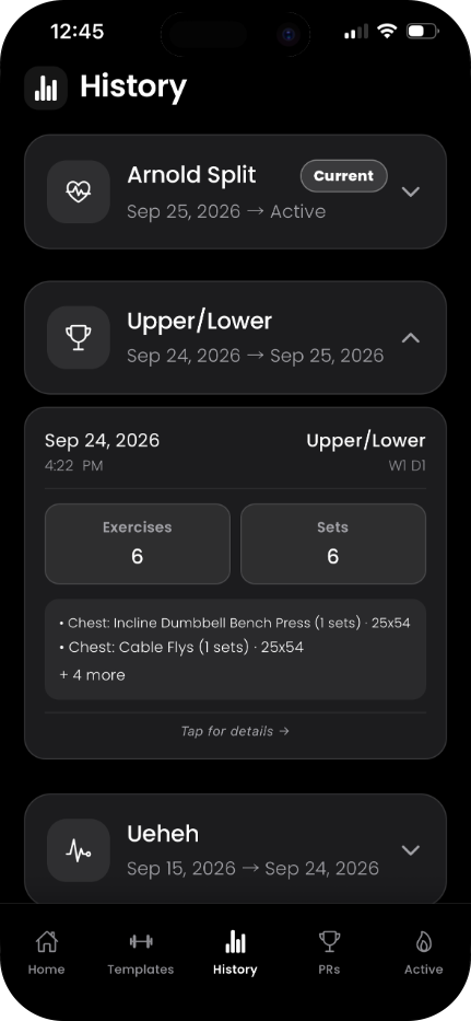 Workout history organized by training block