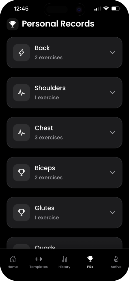 Personal records grouped by muscle