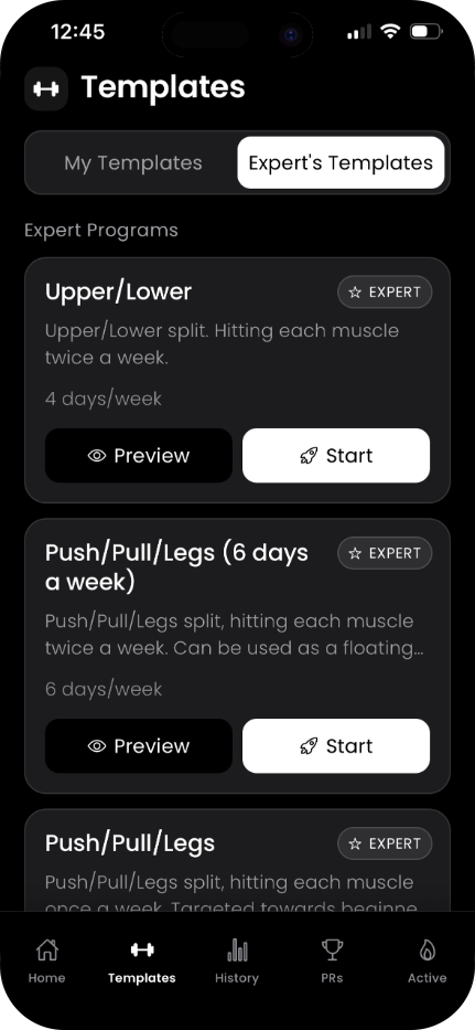 BroScience expert templates, including Upper/Lower and Push/Pull/Legs