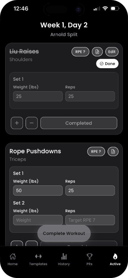 BroScience workout log for Liu Raises and Rope Pushdowns